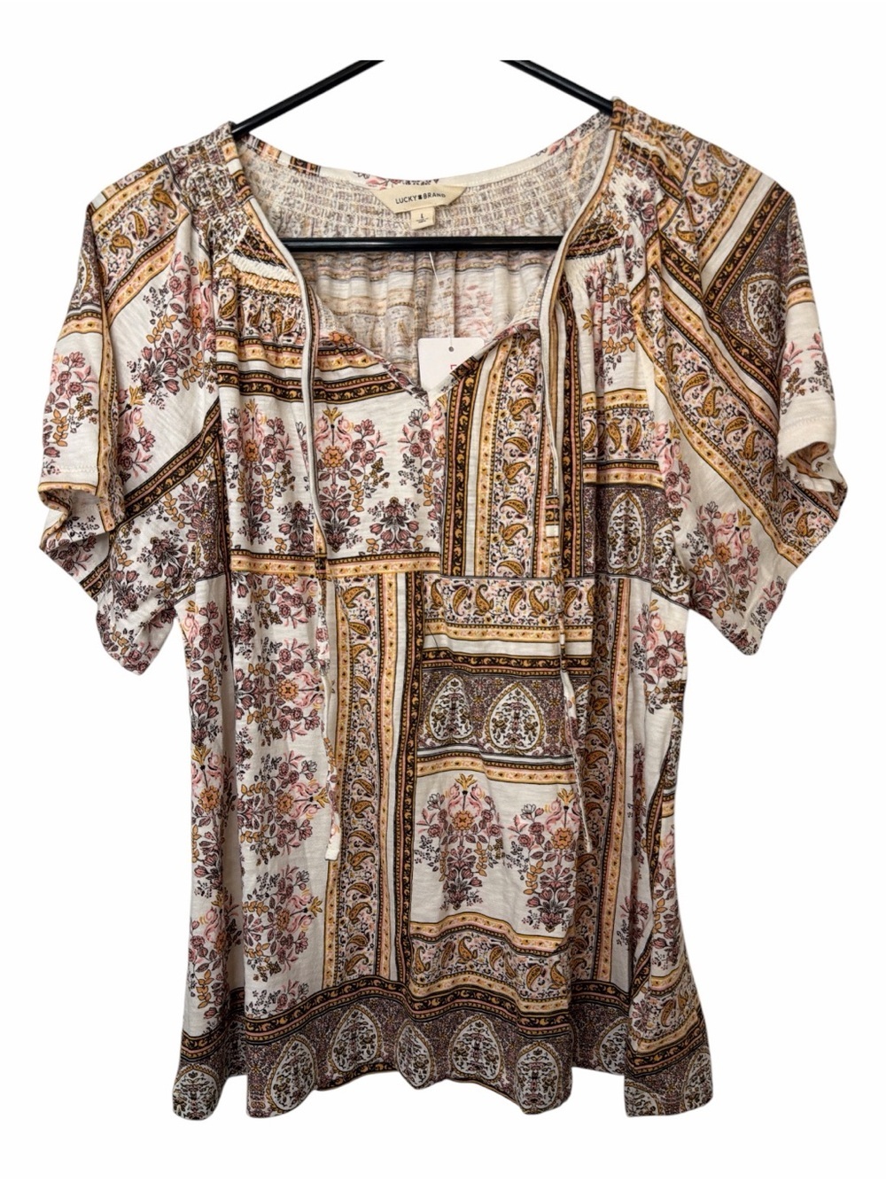 Lucky Brand Bohemian Floral Patchwork Short Sleeve Top NWT